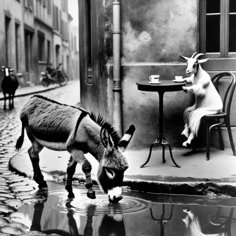 DALL·E 2024-03-27 15.12.42 - A black and white photograph in the style of 1950s French street photography, capturing a 'decisive moment' with a donkey carefully stepping over a pu